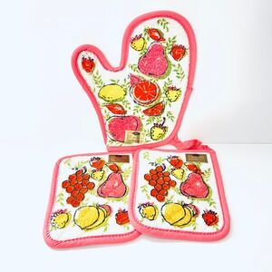 Sayco Vintage All Cotton Oven Mitts & Pot Holders Fruit Print‎ Pink Strawberry